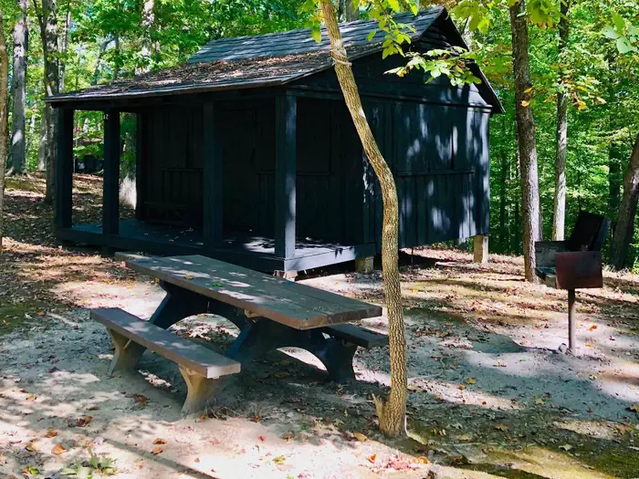 Cabin Camp 3 — Each cabin has a picnic table and charcoal grill located nearby.