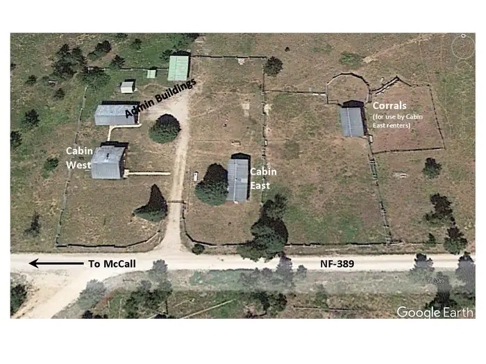 Paddy Flat Guard Station — Aerial view of the Paddy Flat Guard Station Cabin compound showing administrative buildings, and corrals