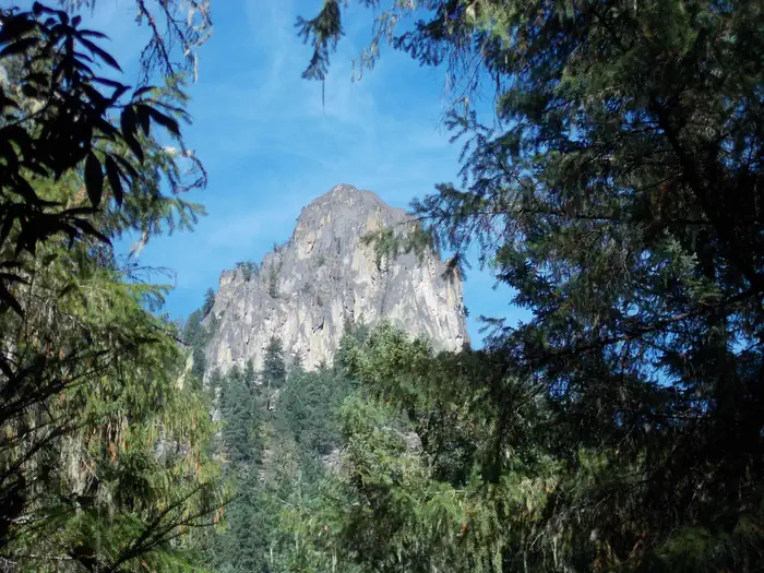 Eagle Rock Campground — Looking up through shadowy trees at a large rocky butte jutting over a conifer covered hill.