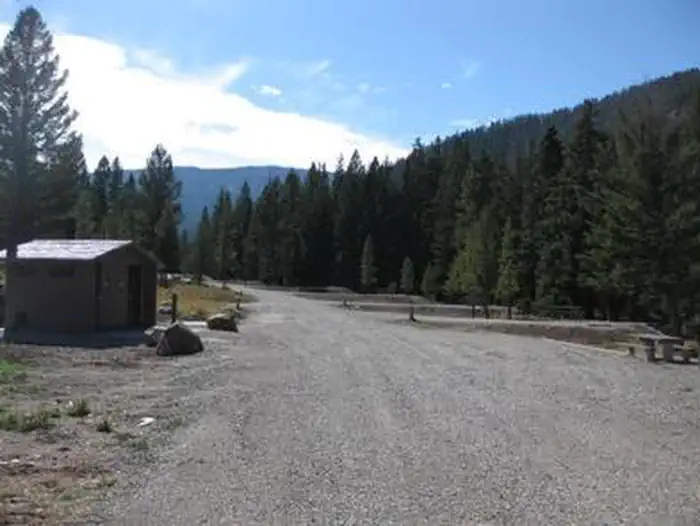 Red Cliff Campground — Red Cliff Campground road, vault toilet, picnic table & pine trees