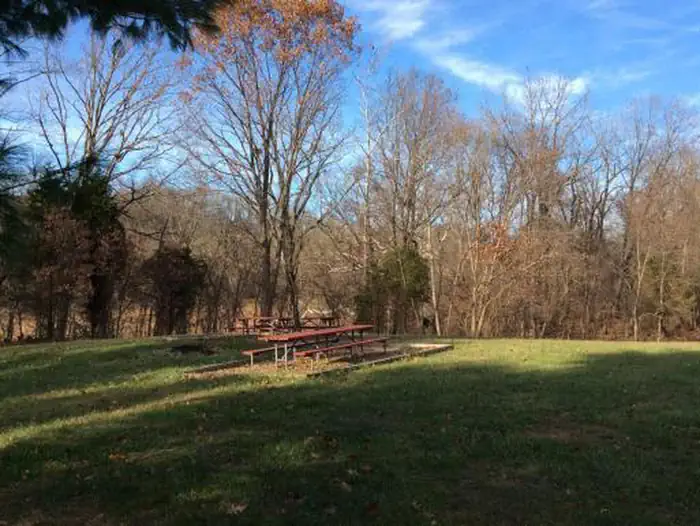 Rohrbach Group Campground — A picnic table under autumn leaved-trees and a blue sky
