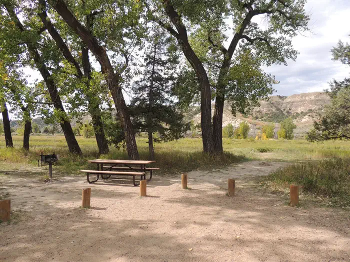 Cottonwood Campground (nd) — Cottonwood Preview Image shows a campsite with a picnic table framed by cottonwood trees and a bluff in the background