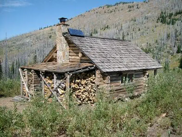 Snow Peak Cabin β Log cabin with a full woodshed overlooking a hillside blanketed with silvered conifer snags.