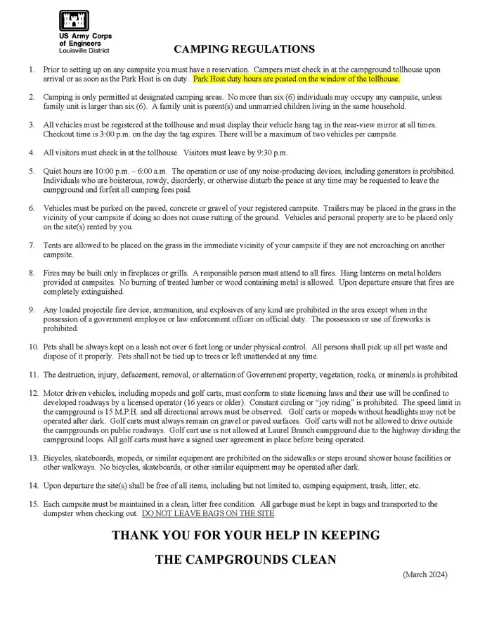 North Fork (ky) — Camping Regulations