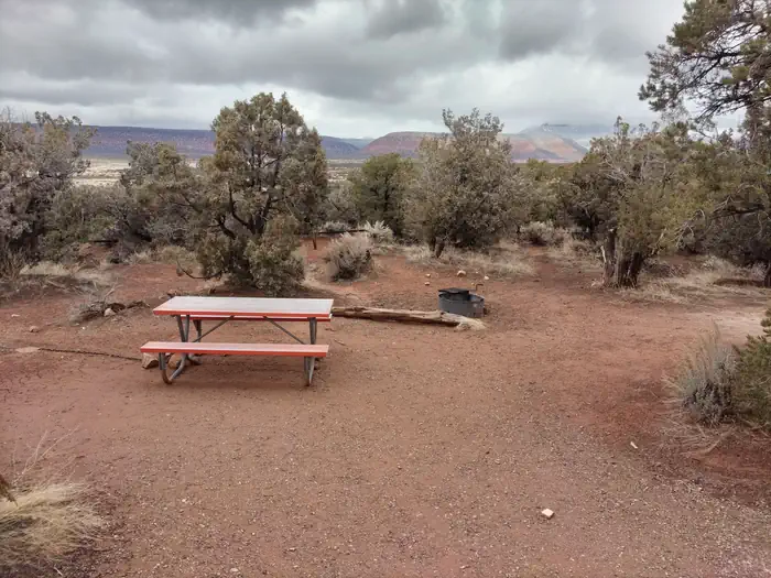 Natural Bridges Campground — A picnic table with juniper trees in the background, under a cloudy sky