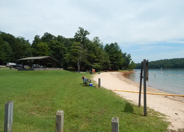 Goose Point — A grassy approach as you head toward the sandy beach and swim area at Philpott Lake's Goose Point.