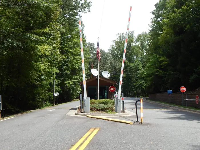 Goose Point — Goose Point entrance kiosk with opening and closing gate arms.