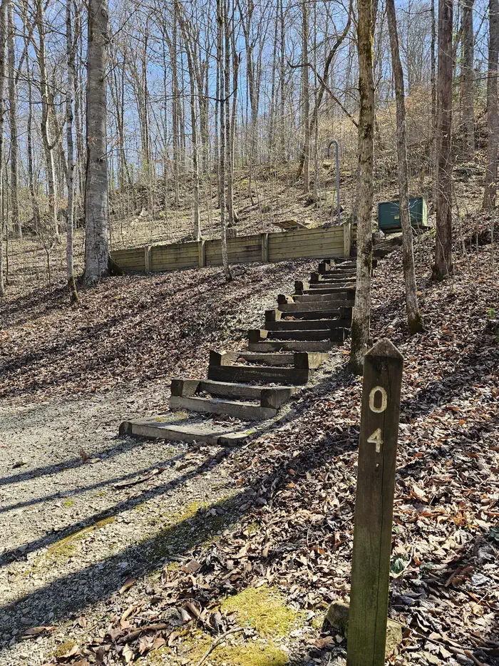Alum Ford Campground — A brown post with number 4 stands below steps that lead up to the campsite.
