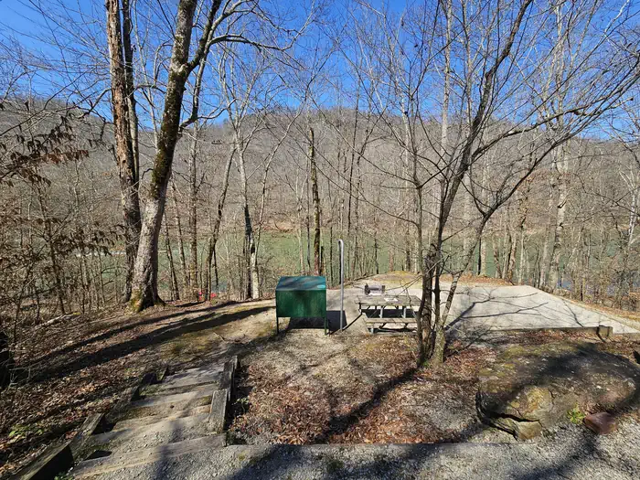 Alum Ford Campground — A green food storage locker sits near a picnic table on a campsite overlooking the river.