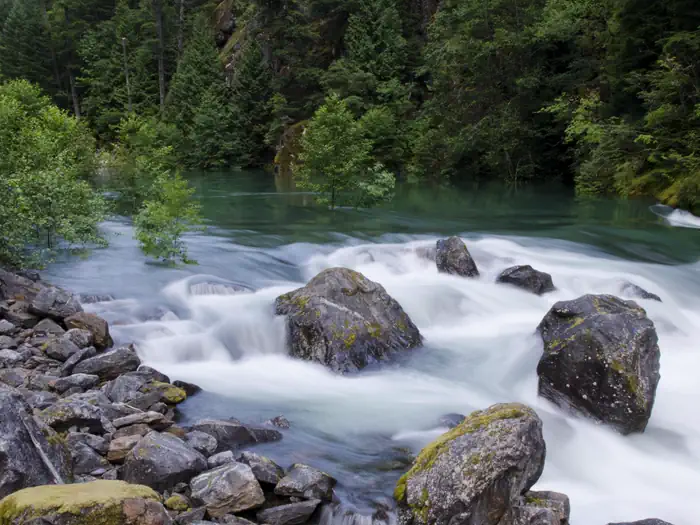 Goodell Creek Campground — River flowing over rocks with trees in the background.