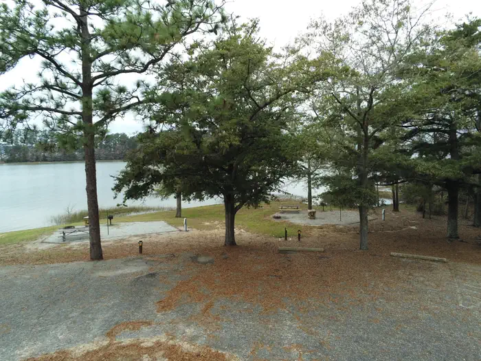 Cotton Hill — Two primitive campsites with parking in foreground and lake in background.