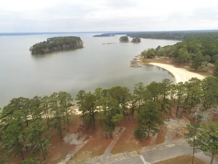 Cotton Hill — Aerial view of Cottonhill Campground looking over campsites in foreground to Walter F. George Lake in background.
