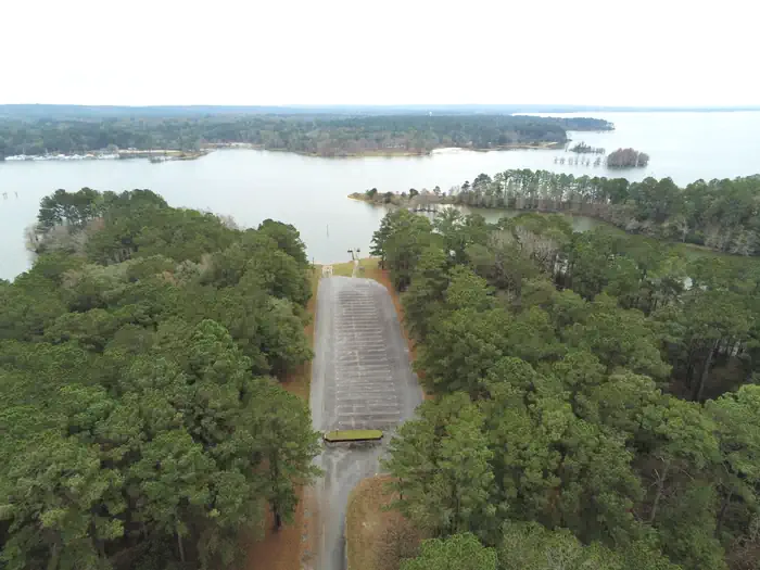Cotton Hill — Aerial view of Cotton Hill Campground boat ramp, with boat ramp in foreground and lake in background.
