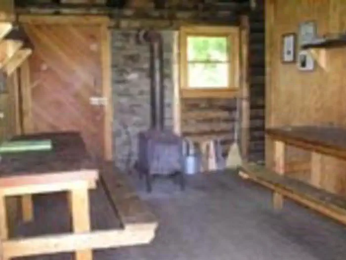 Doublehead Cabin β Interior of a wood cabin with a picnic table and wood stove