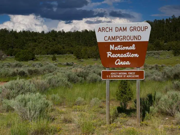 Arch Dam Campground — Sign for the group camground area in a location with green grasses, sagebrush, and pine trees in the background.