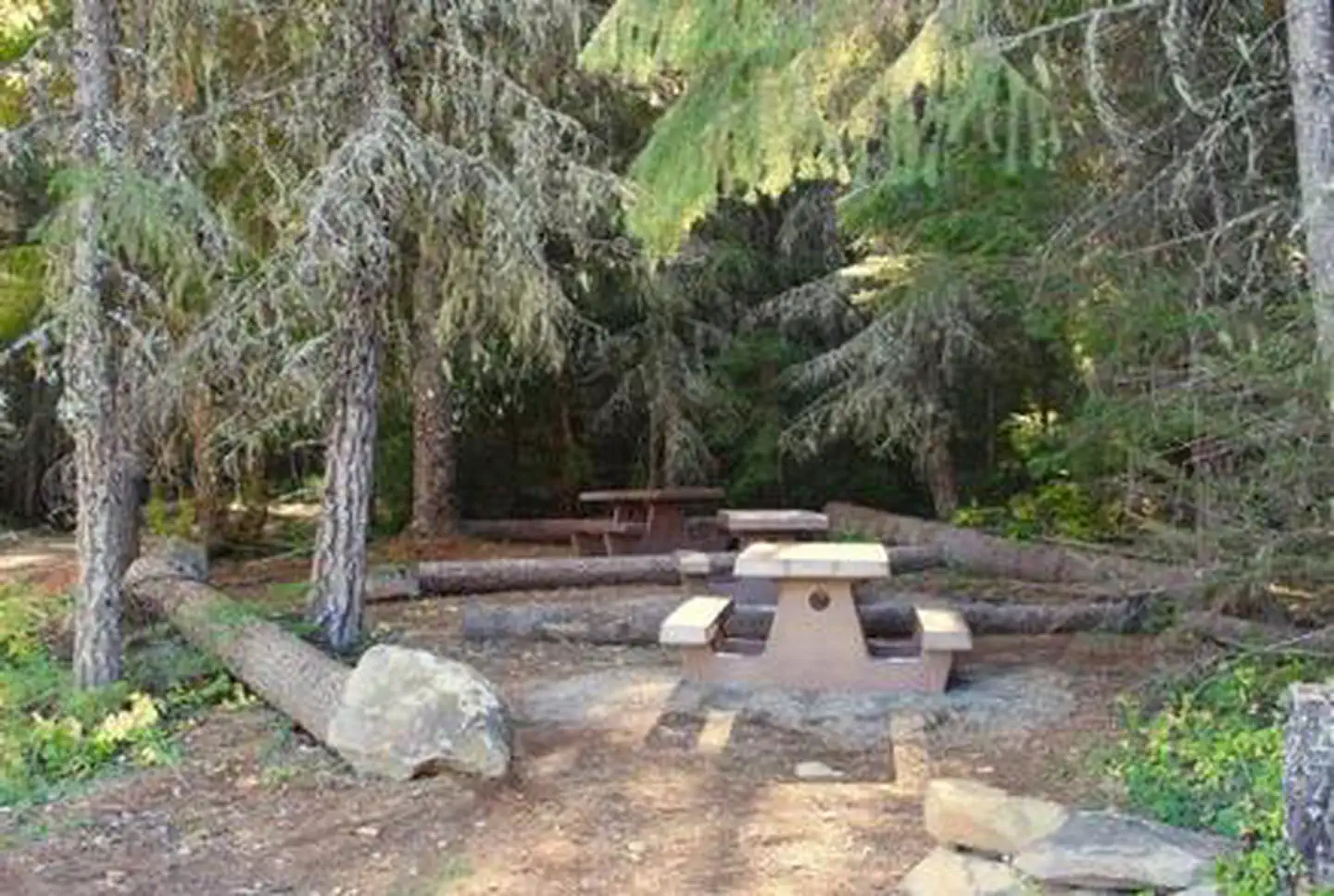 North Arm Campground (Timothy Lake, OR) — Picnic tables in the communal eating area for hike-to sites