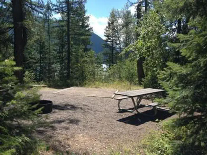 Apgar Group Sites — A picnic table on one of the APGAR GROUP SITES surrounded by pine trees