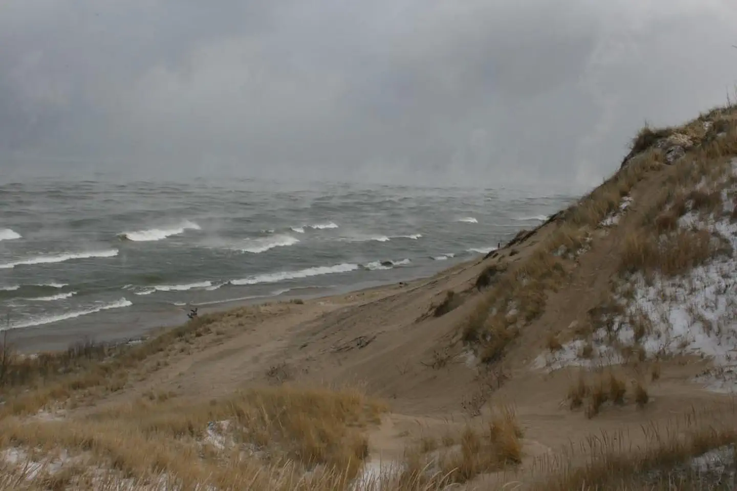 Central Avenue Walk-in Sites — Winter Waves at Central Beach under a Gray Sky. Campsites are closed in winter.