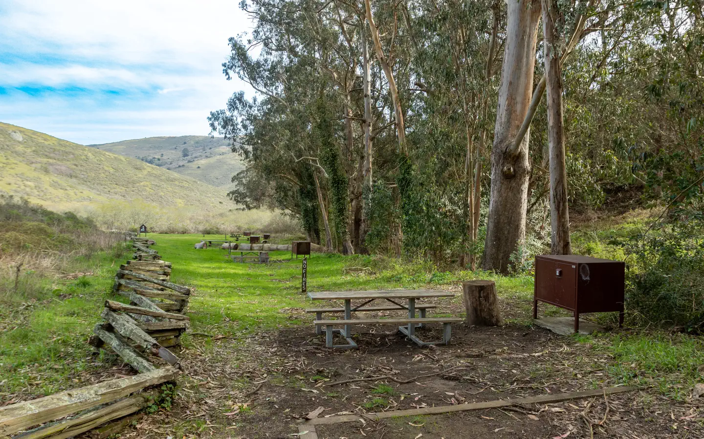 Haypress Campground — In the foreground are a picnic table and food locker. In the distance are the other campsites, eucalyptus trees, and rolling hills.