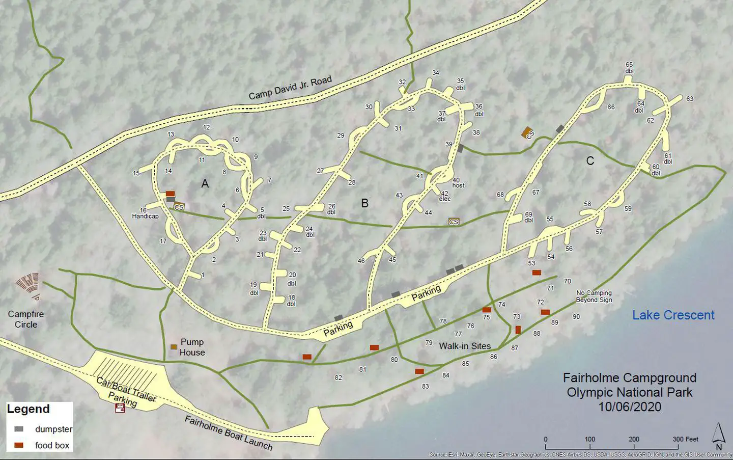 Fairholme Campground — A map showing the 3 loops of the Fairholme Campground. Amenities such as a boat launch, dumpsters, restrooms, food storage lockers, and campfire circle are also pictured.