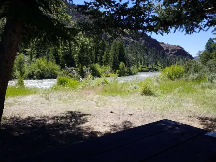 CLEARWATER CAMPGROUND — Campsite 2 with trees, river and mountains in background