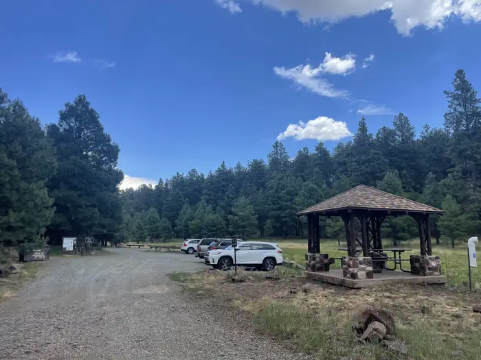 Mingus Mountain Campground and Group Site — Mingus Lake recreational area has a picnic table under a shade structure as well as a payment kiosk, dumpster and restroom. 