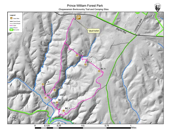 Chopawamsic Backcountry Camping Permits — Map of the Chopawamsic Backcountry Area with campsites and vault toilet labeled