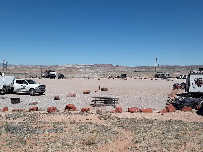 Courthouse Rock Campground — Courthouse Rock Campground campsites with Arches National Park in the distance