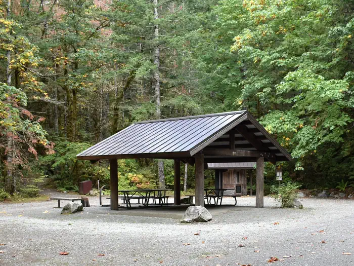 LOWER GOODELL GROUP CAMPGROUND — Photo of shelter at group site with picnic tables