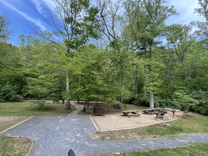 CAVE MOUNTAIN LAKE GROUP CAMP — Gravel tent pads surrounded by grass and trees