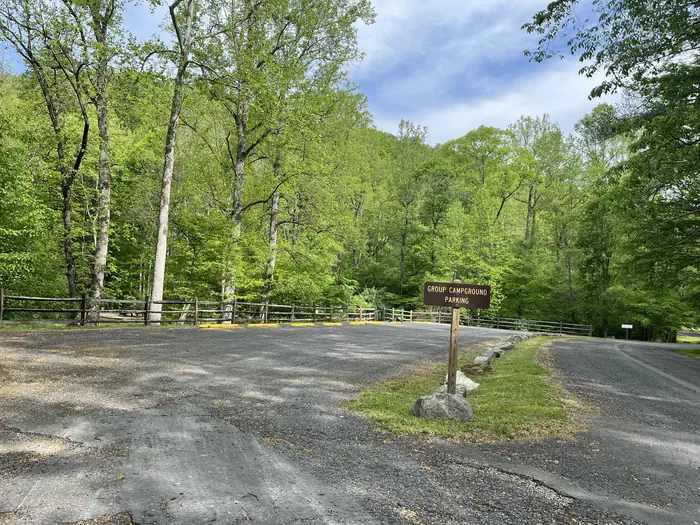 CAVE MOUNTAIN LAKE GROUP CAMP — Parking area with yellow curb stops and a wooden fence surrounding