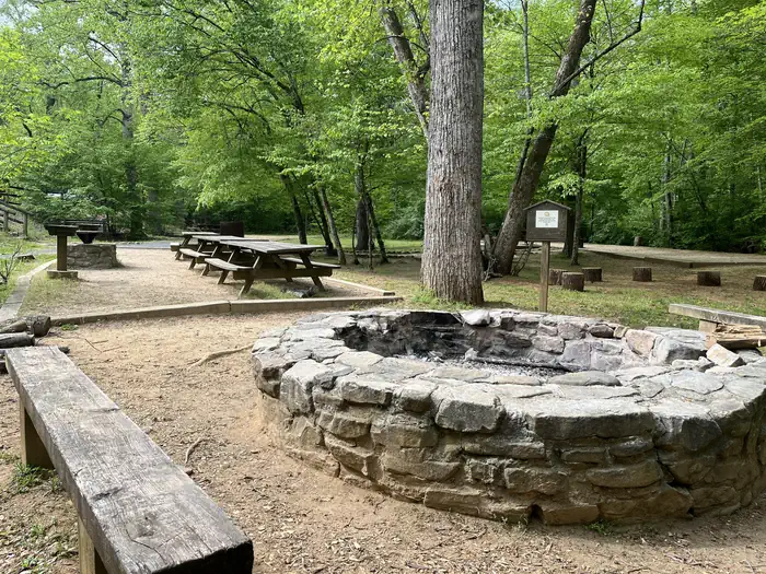 CAVE MOUNTAIN LAKE GROUP CAMP — Stone fire ring surrounded by wooden benches