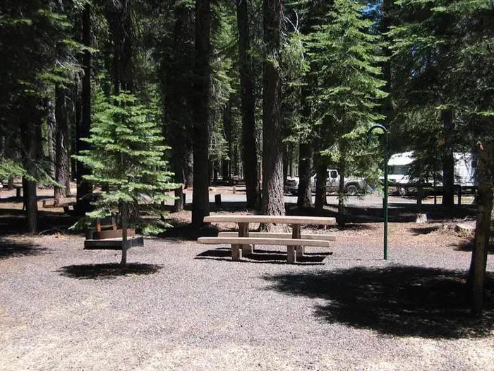 Horse Campground — Accessible site at Horse Camp, featuring concrete table, fire ring and grill, and lantern post