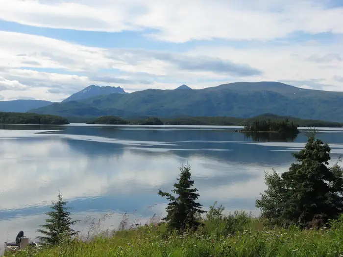 Fure's Cabin — A lake with small forested islands surrounded by mountains and a grassy field dotted with spruce trees.
