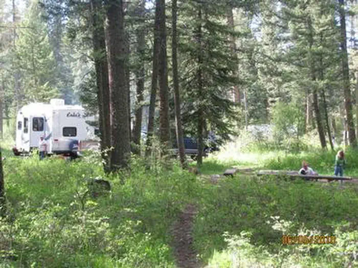 PINE CREEK CAMPGROUND — Campsite surrounded by pine trees, picnic table & fire ring, children playing & RV