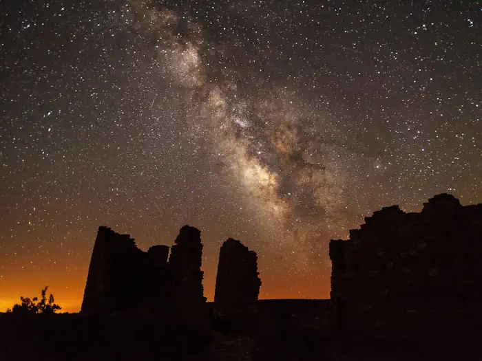 Hovenweep Campground — Ancient structures silhouetted against the night sky and the Milky Way
