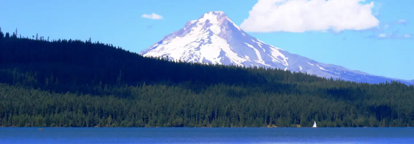 Hoodview Campground (Timothy Lake, OR) — Mt Hood with sailboat