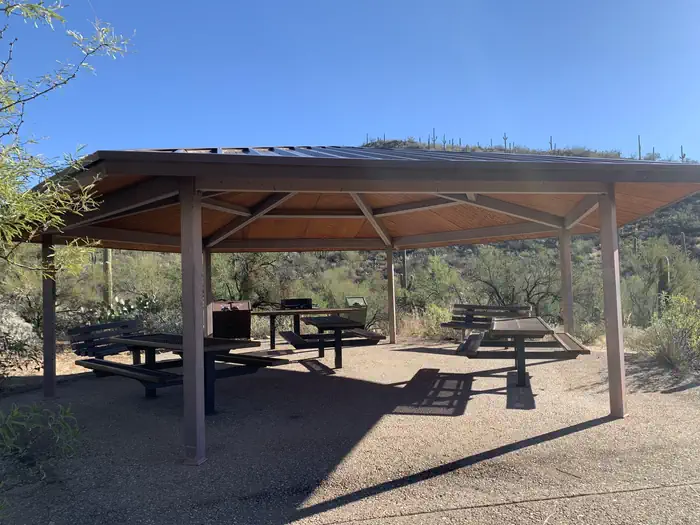 SABINO CANYON RECREATION AREA CACTUS RAMADA 2 — Large covered ramada with 3 picnic tables, benches, a grill and trashcans