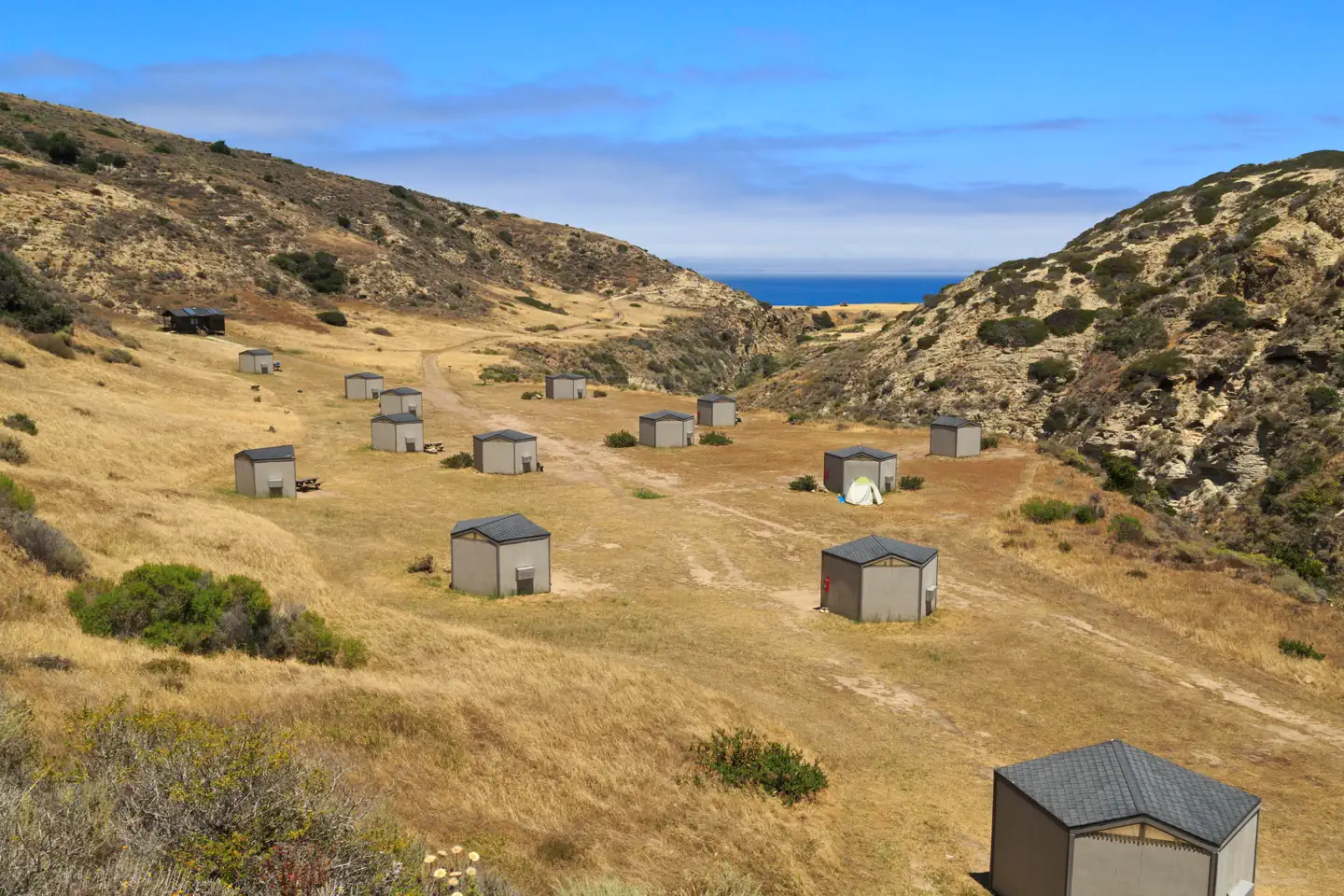 SANTA ROSA ISLAND — Eight foot tall wind shelters on a dry, grassy terrace overlooking the ocean.