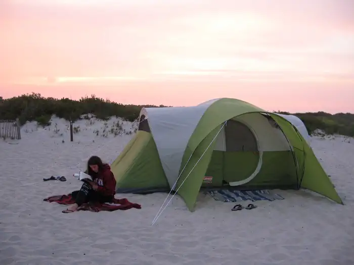 ASSATEAGUE ISLAND NATIONAL SEASHORE CAMPGROUND — A tent pitched on the sand