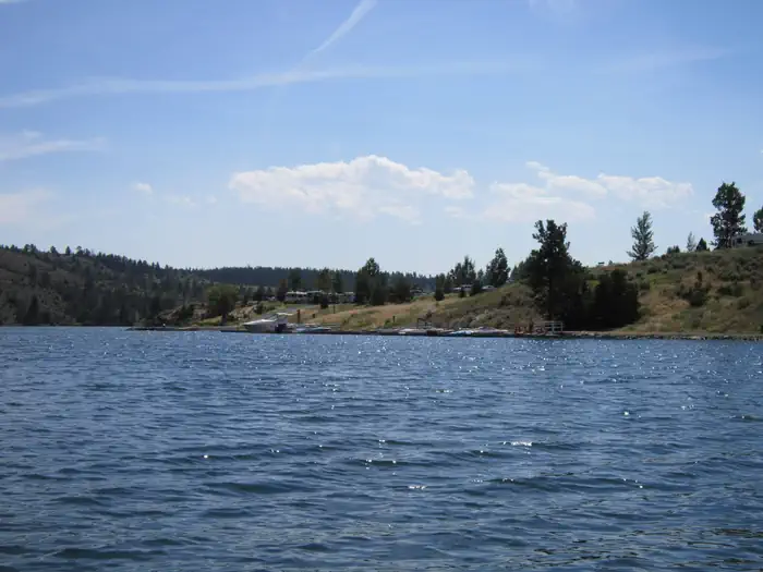Devil's Elbow Campground — View from Hauser Lake towards the boat docks at Devil's Elbow Recreation Site.