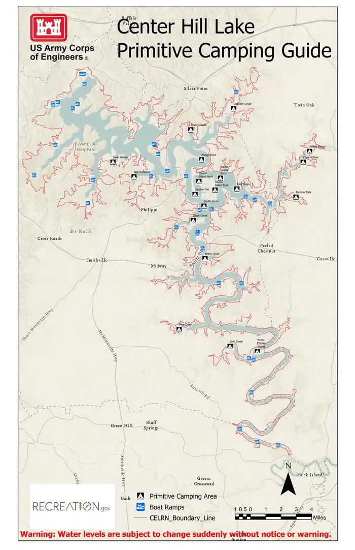 Center Hill Lake Primitive Camping Areas — Map of Primitive Sites Available on Center Hill Lake in 2021