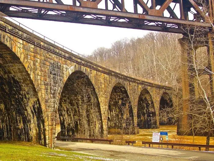 CONEMAUGH LAKE PAVILIONS — Outflow kayak/ canoe launch to the Conemaugh River. Also photo of 1907 Railroad bridge.