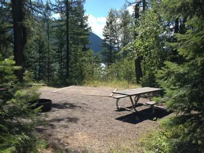 FISH CREEK CAMPGROUND — A Fish Creek Campsite surrounded by pine trees.