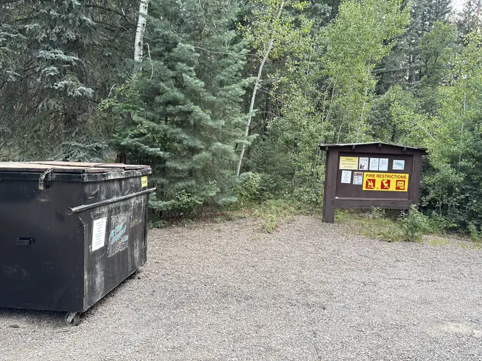 East Fork Campground (San Juan NF - CO) — A photo of facility East Fork Campground (San Juan NF - CO)
Dumpster and sign board