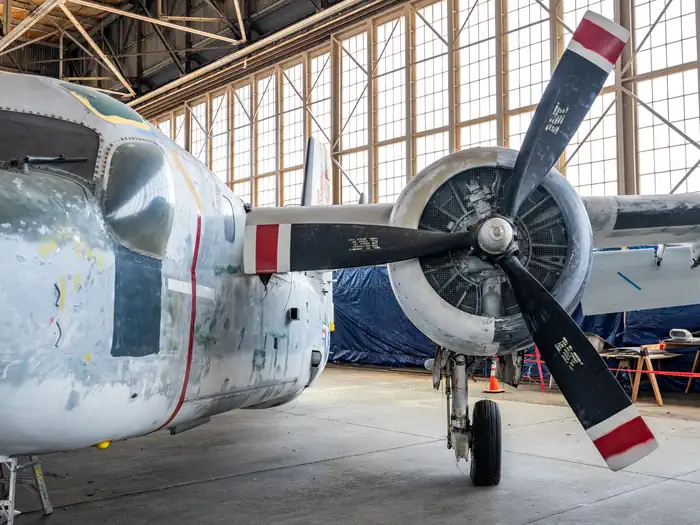 CAMP GATEWAY- BROOKLYN NY — A Gruman S2F Tracker Propeller in Hangar B, Floyd Bennett Field