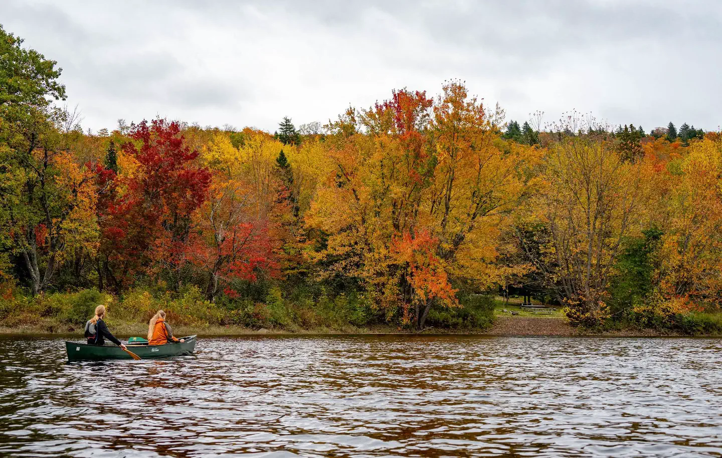 Katahdin Woods & Waters National Monument Camping — A view from the river facing the land. A canoe with two paddlers paddle towards a forest with vibrant red and yellow leaves on the canopies of the trees.