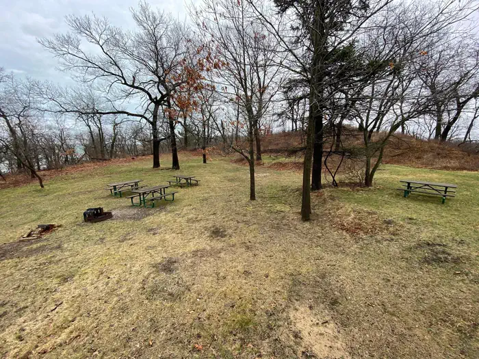 Dunbar Group Site — Picnic Tables and trees surround the open spaces of the Dunbar Group camp site.