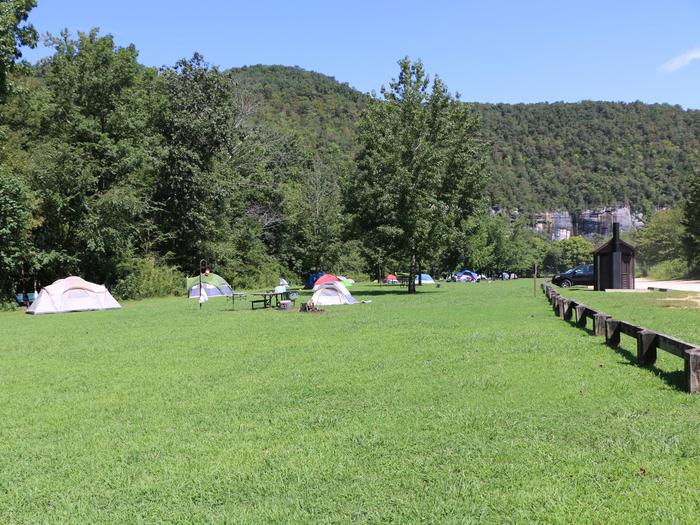 Steel Creek Campground — Colorful tents seen on the green grass of Steel Creek Campground. Green trees and a gray bluff line can be seen in the background.