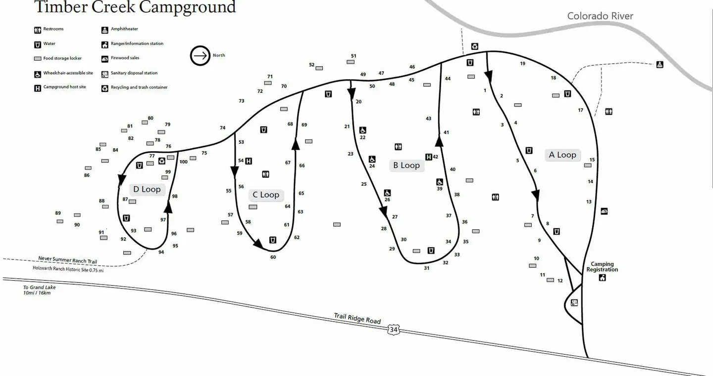Rocky Mountain National Park Timber Creek Campground — Timber Creek Campground Map with Site and Amenity Locations